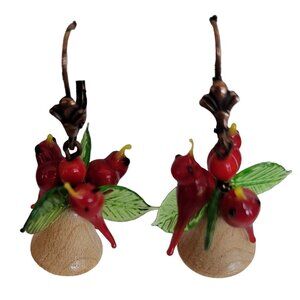 Czech Wood Beaded Red Glass Bird, Leaves, Bell Dangle Earrings M890